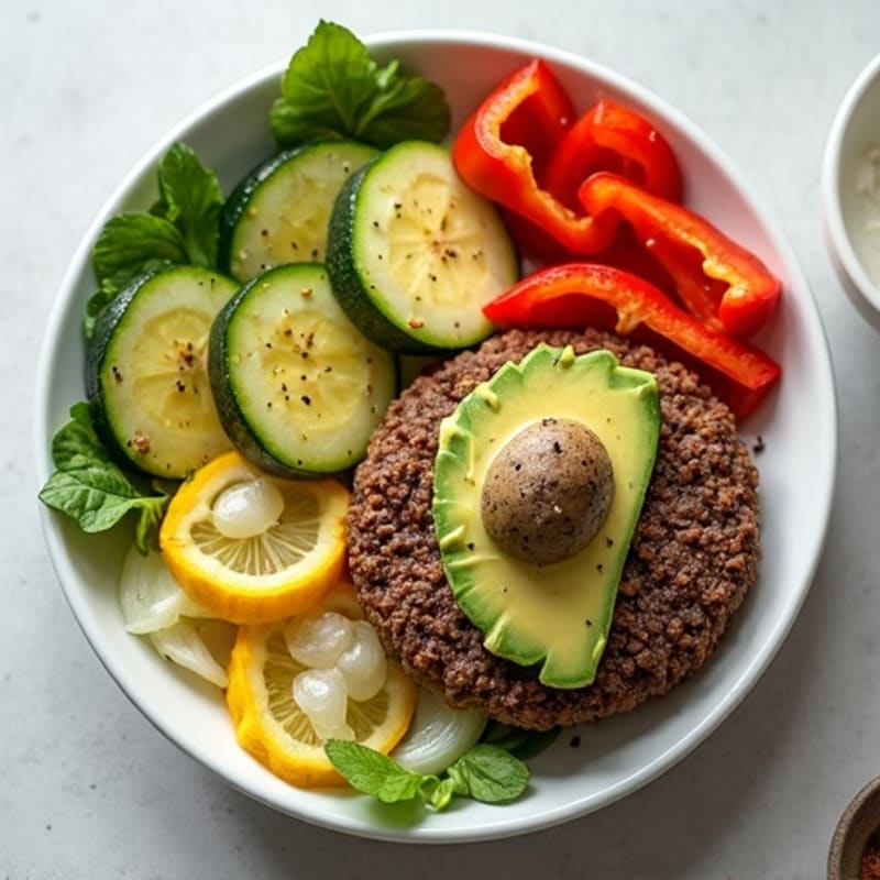 Lean Beef Burger Bowl with Roasted Vegetables and Creamy Avocado Dressing
