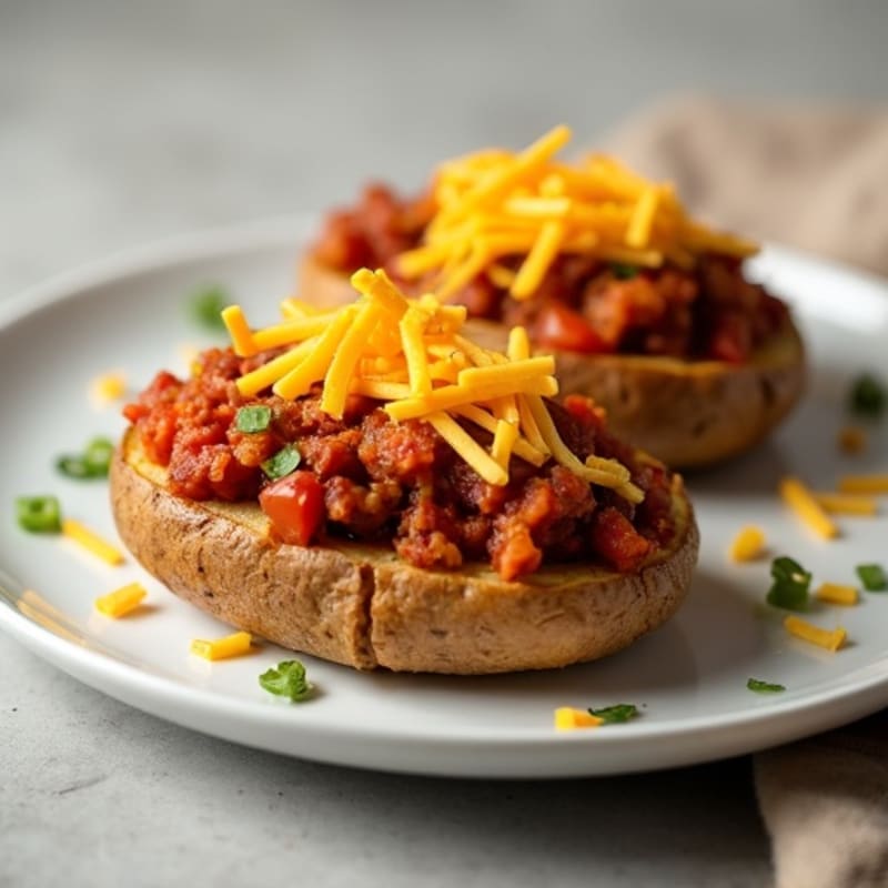 Crispy Baked Potato Halves with Lean Turkey Chili and Sharp Cheddar