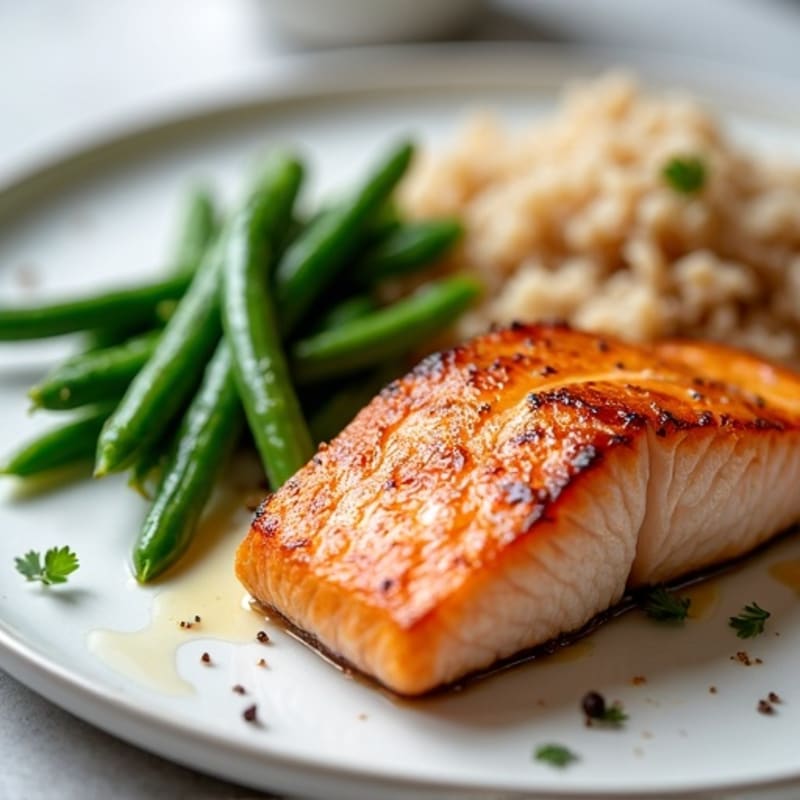 Seared Salmon with Steamed Green Beans and Brown Rice