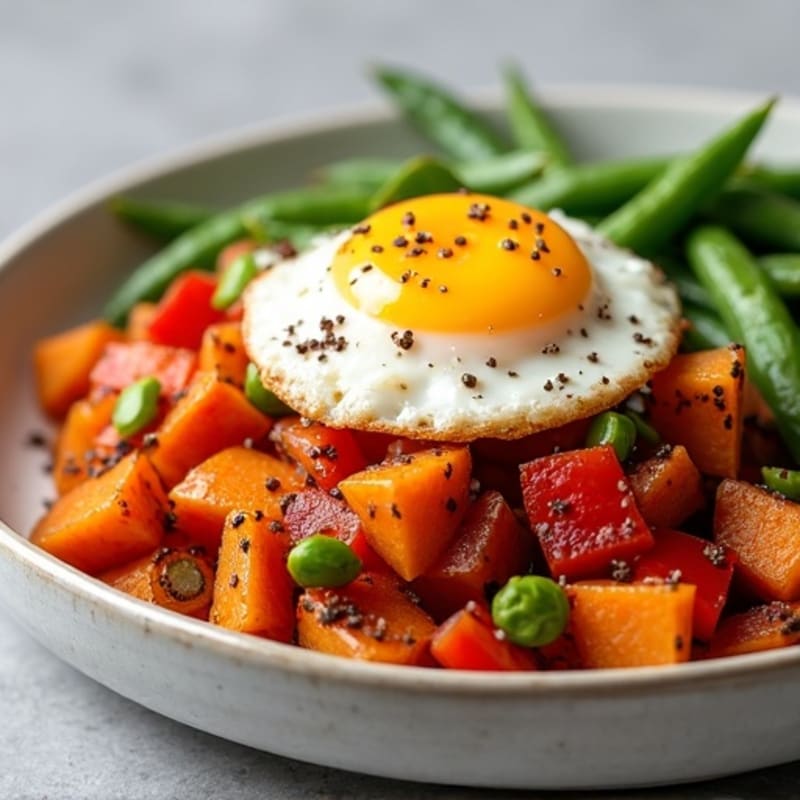 Crispy Sweet Potato Hash with Bell Pepper, Snow Peas, and Fried Egg