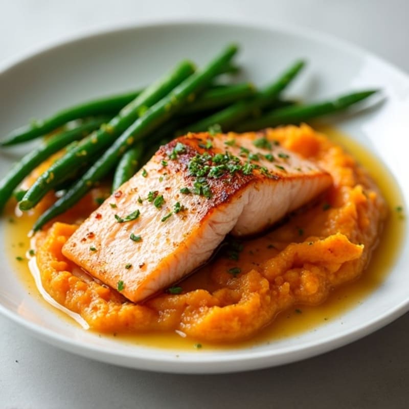 Pan-Seared Salmon with Garlic Green Beans and Sweet Potato Mash