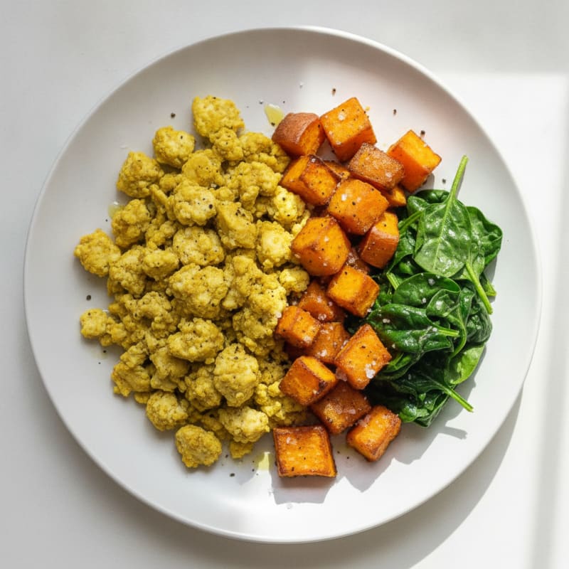Silky Tofu Scramble with Roasted Sweet Potatoes and Spinach