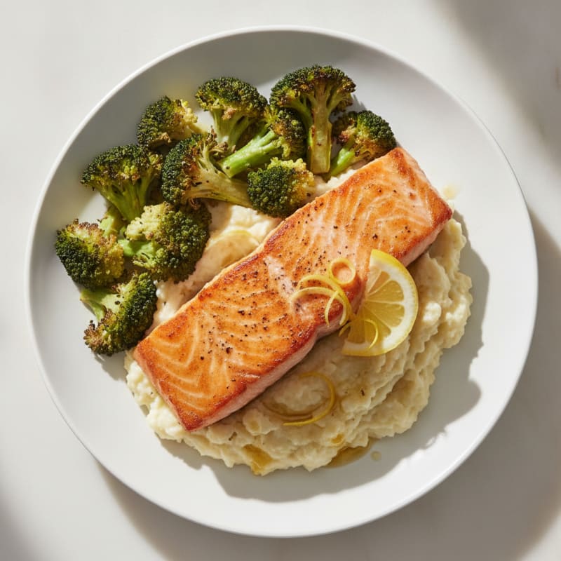 Seared Salmon with Roasted Broccoli and Garlic Mashed Cauliflower
