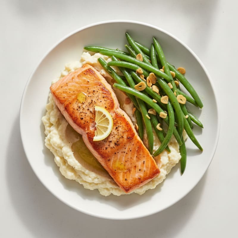 Seared Salmon Fillet with Garlic Green Beans and Cauliflower Mash