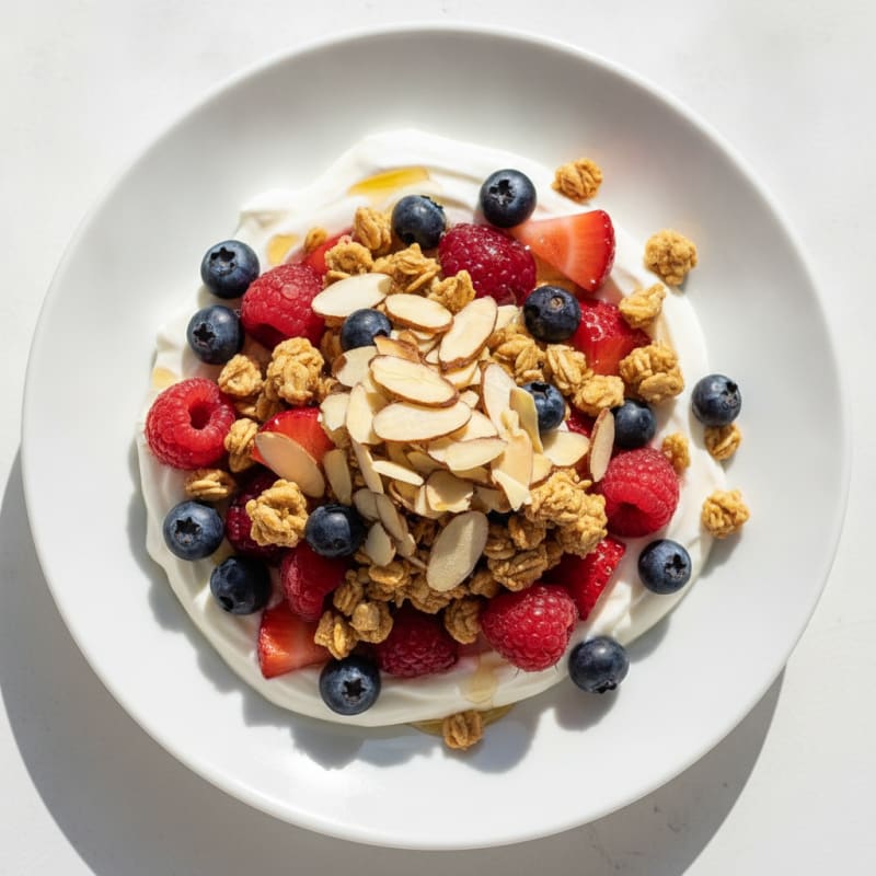 Greek Yogurt Parfait with Mixed Berries and Almond Crunch