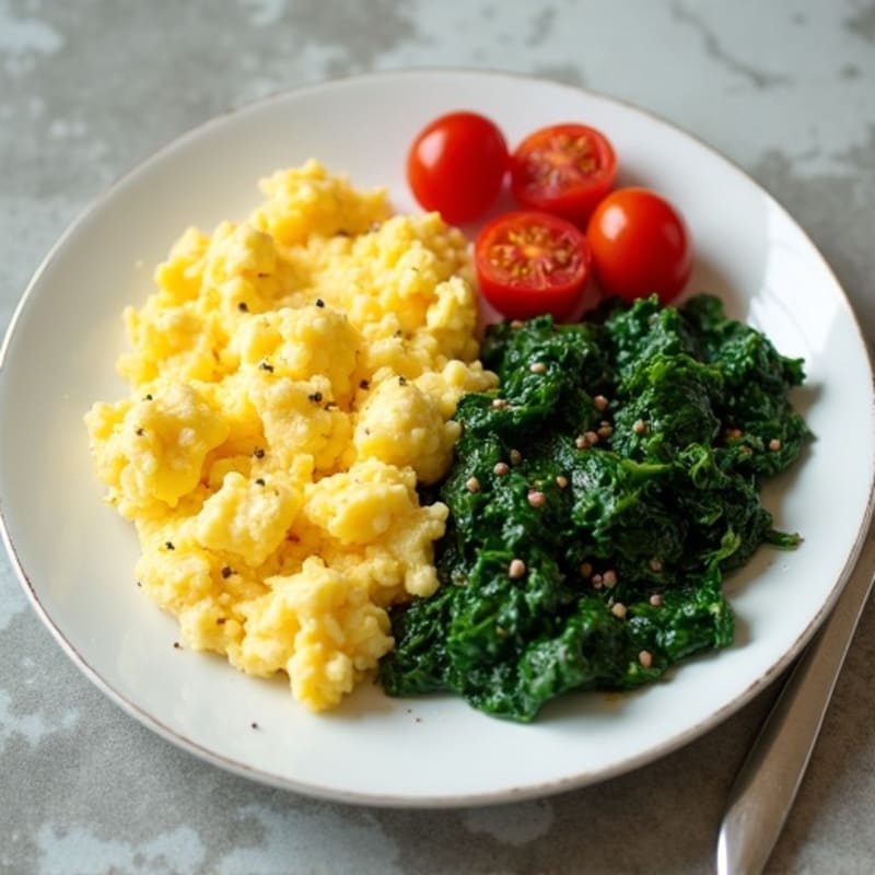 Fluffy Scrambled Eggs with Sautéed Spinach and Cherry Tomatoes