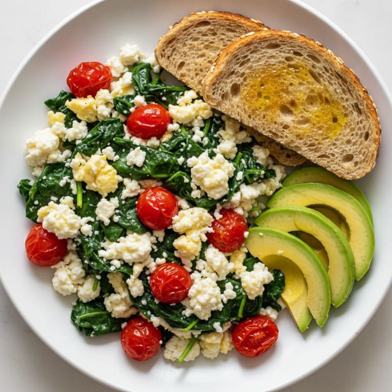 Cottage Cheese Egg White Scramble with Spinach and Cherry Tomatoes