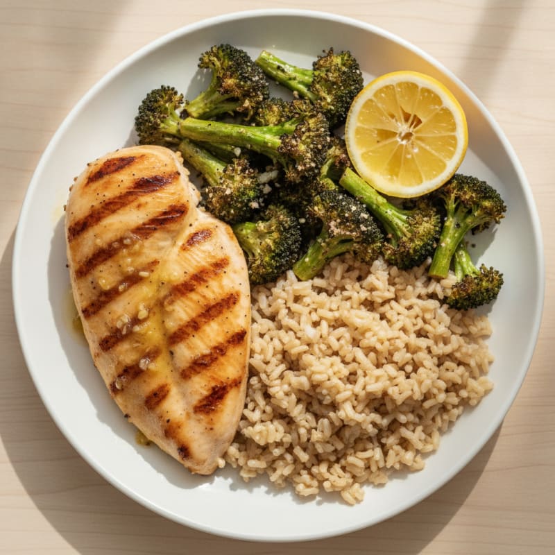 Grilled Chicken Breast with Roasted Broccoli and Brown Rice