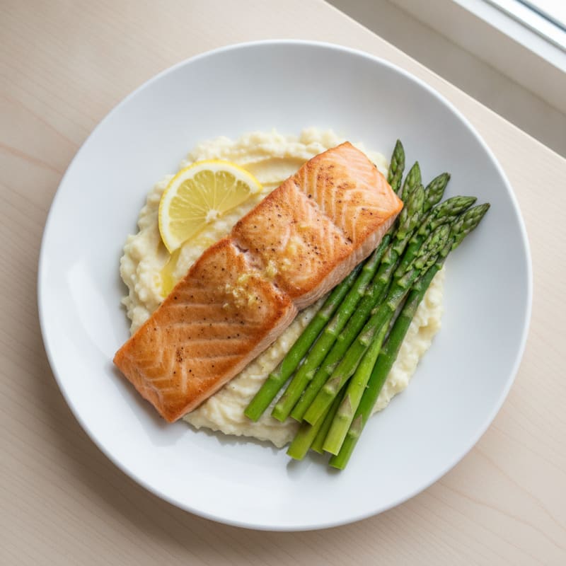 Seared Salmon Fillet with Steamed Asparagus and Cauliflower Mash