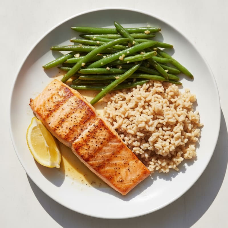 Seared Salmon with Garlic Green Beans and Brown Rice