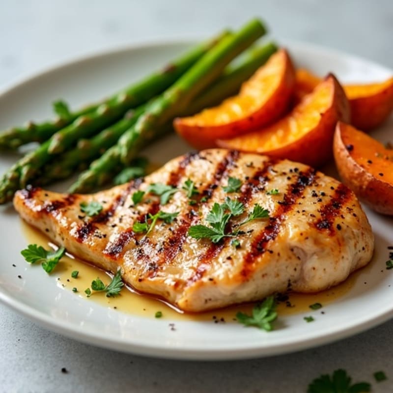 Grilled Chicken Breast with Roasted Asparagus and Sweet Potato Wedges