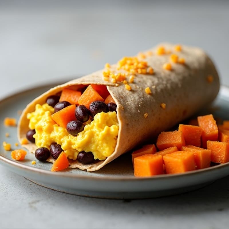 Scrambled Egg and Black Bean Burrito with Roasted Sweet Potato
