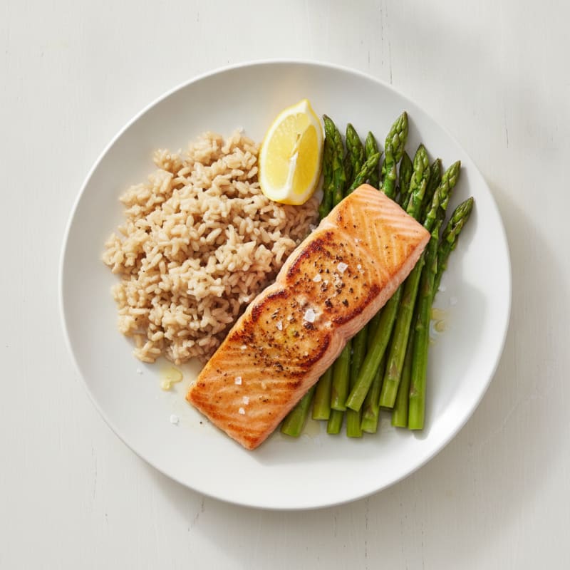 Seared Salmon with Steamed Asparagus and Brown Rice