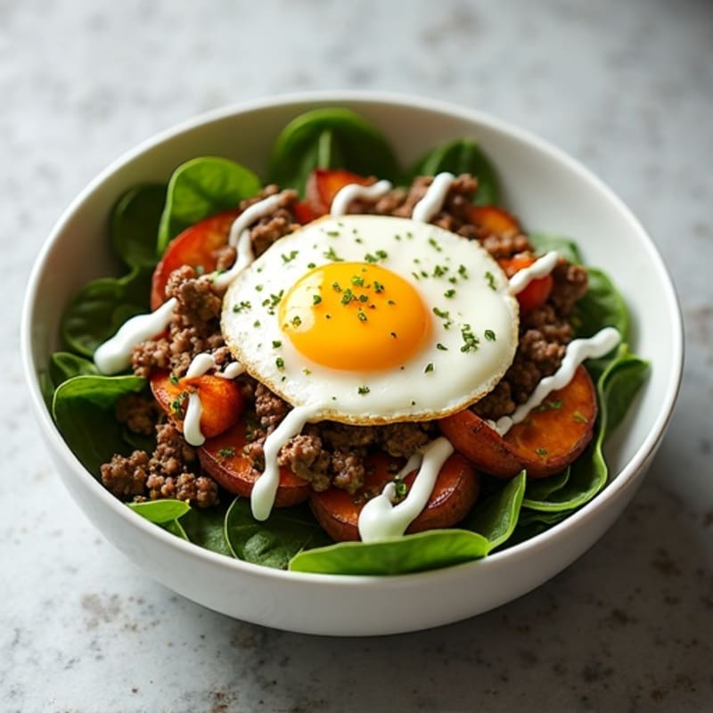 Lean Ground Beef and Greens Bowl with Roasted Sweet Potato