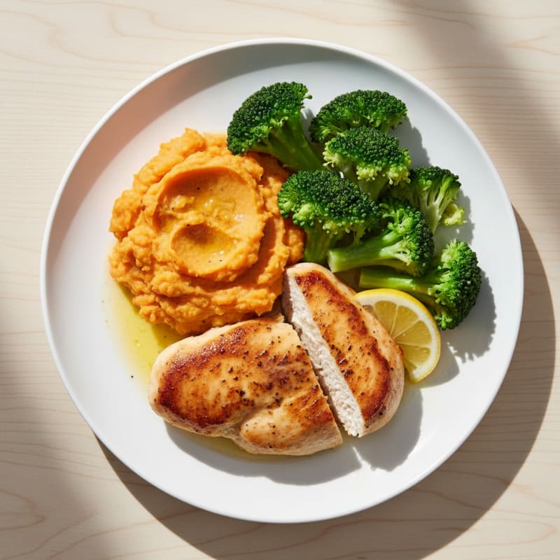 Seared Chicken Breast with Steamed Broccoli and Sweet Potato Mash