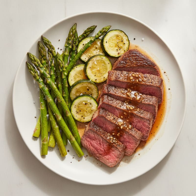 Pan-Seared Lean Steak with Roasted Asparagus and Zucchini