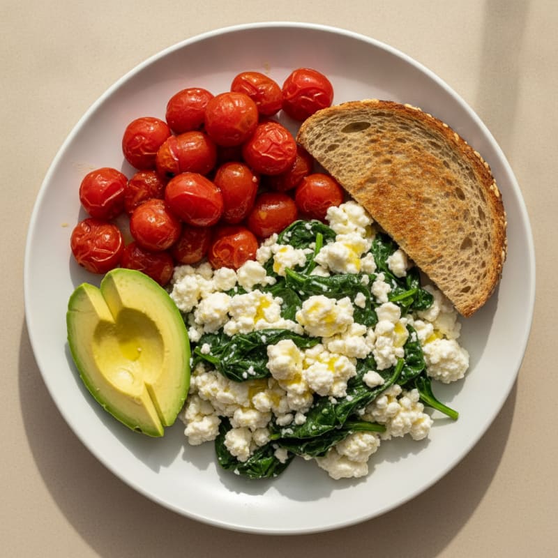 Egg White and Spinach Scramble with Cottage Cheese and Cherry Tomatoes