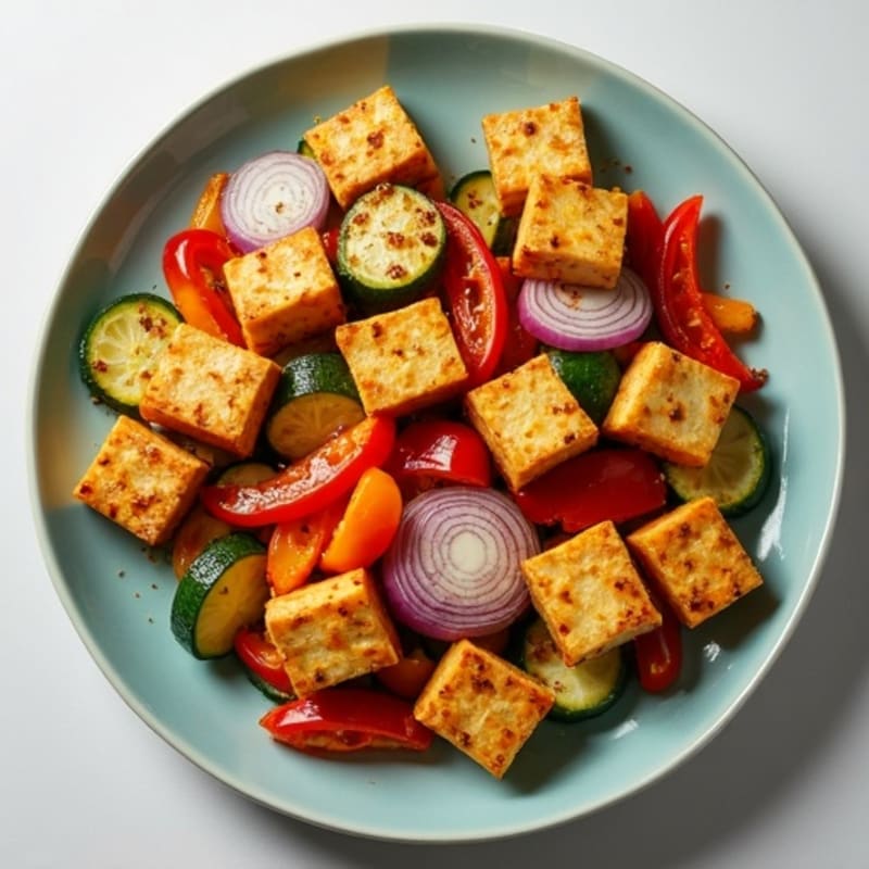 Crispy Baked Tofu with Roasted Rainbow Vegetables