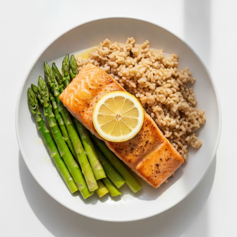 Seared Salmon with Steamed Asparagus and Brown Rice