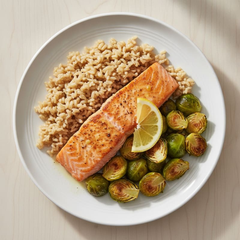 Seared Salmon with Roasted Brussels Sprouts and Brown Rice