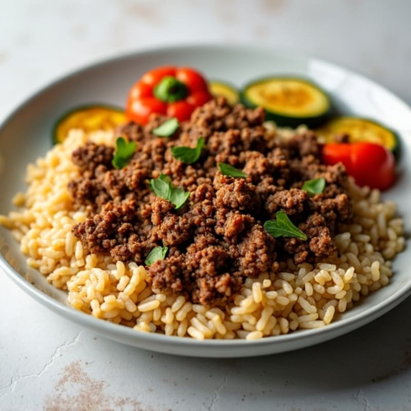 Savory Lean Ground Beef with Fluffy Brown Rice and Roasted Vegetables
