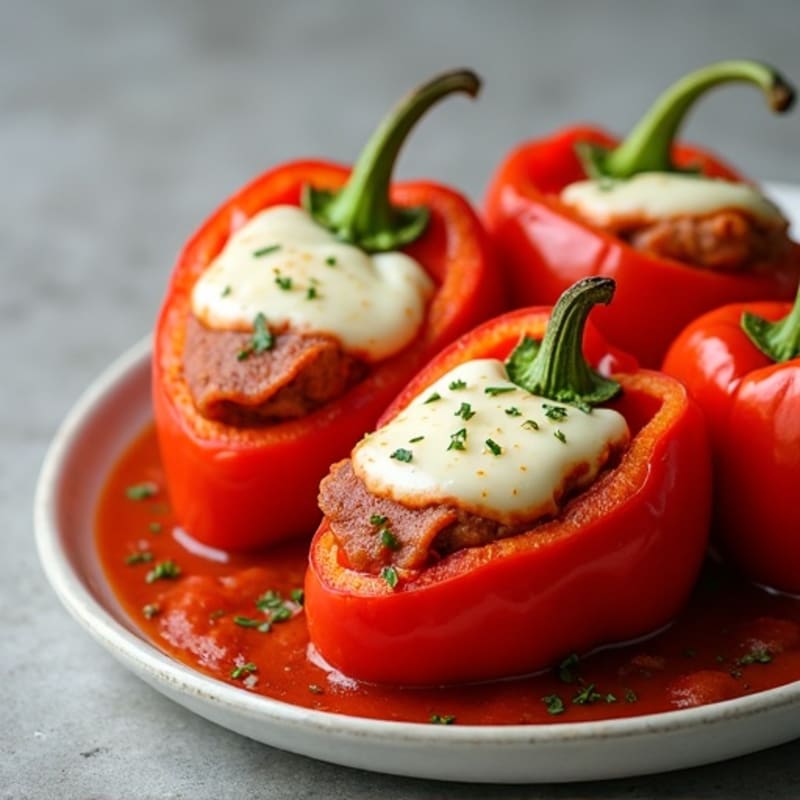 Roasted Bell Peppers Stuffed with Spicy Turkey Pepperoni and Cheesy Marinara