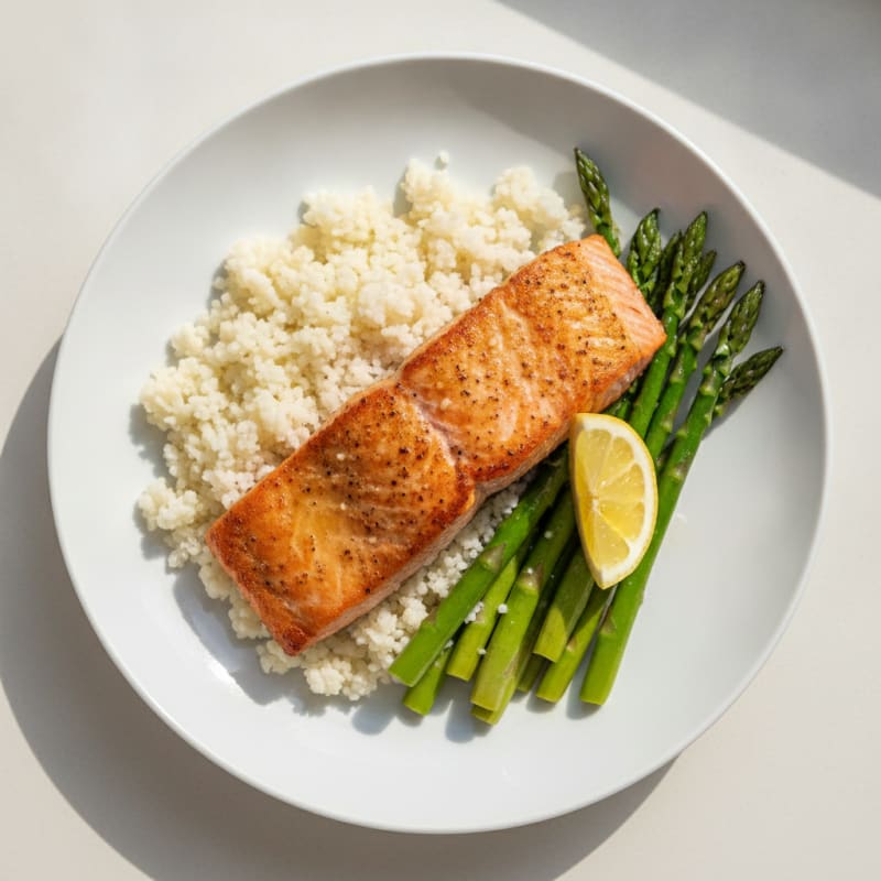 Seared Salmon with Steamed Asparagus and Cauliflower Rice
