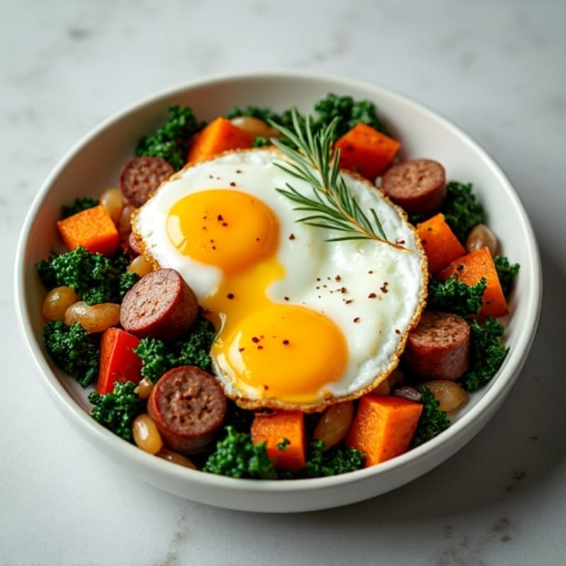 Crispy Sweet Potato Hash with Eggs and Greens