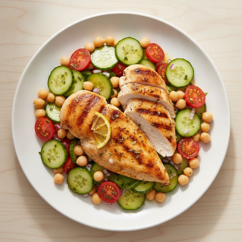 Grilled Chicken Breast with Chickpea Cucumber Tomato Salad