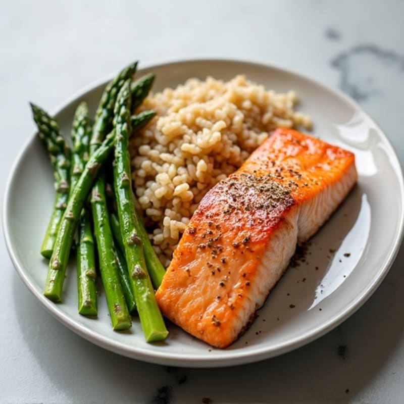 Seared Salmon with Steamed Asparagus and Brown Rice