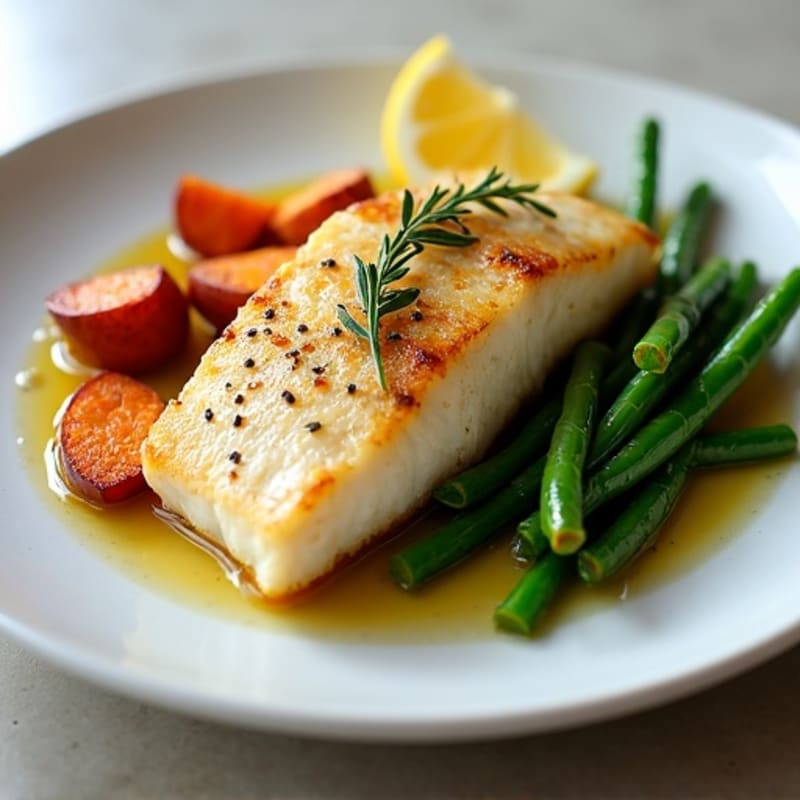 Baked Cod Fillet with Roasted Sweet Potatoes and Green Beans