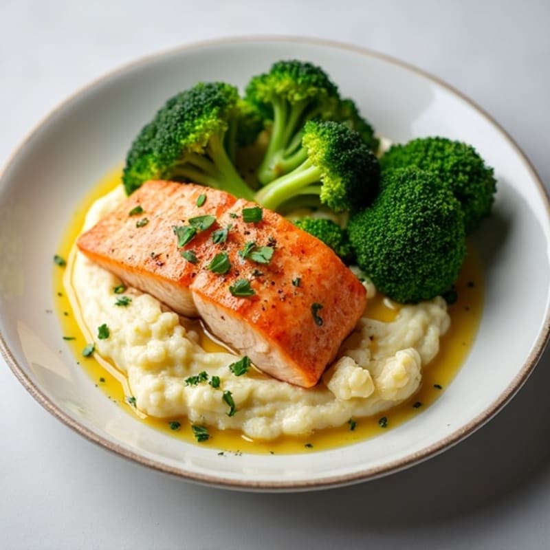 Seared Salmon with Steamed Broccoli and Garlic Cauliflower Mash