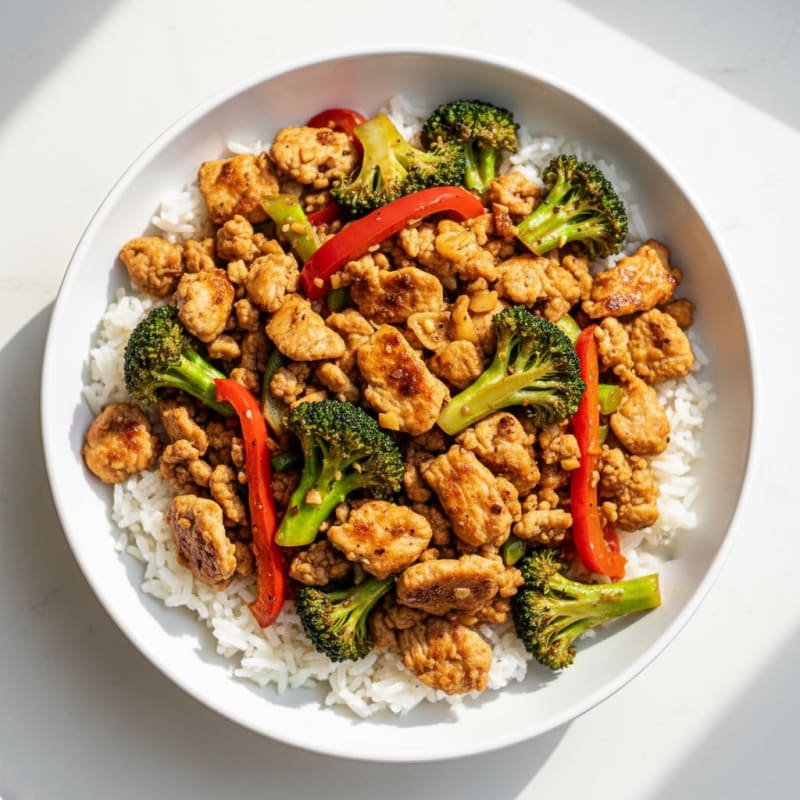 Ground Chicken Stir Fry with Jasmine Rice and Mixed Vegetables