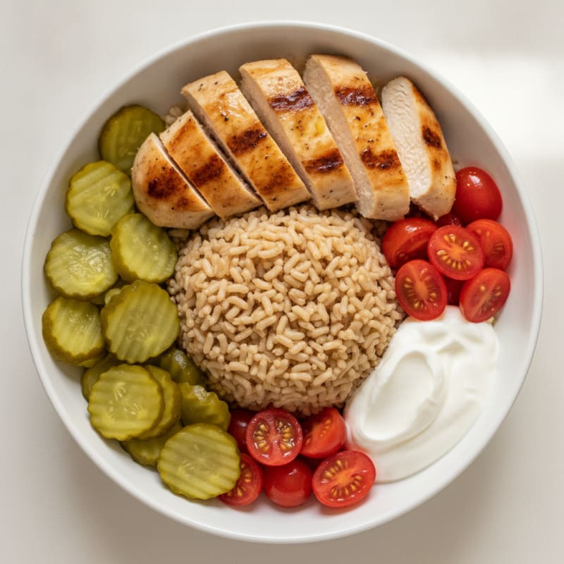 Grilled Chicken and Tomato Rice Bowl with Pickles