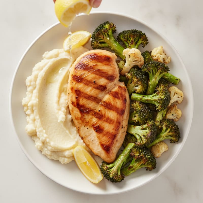Grilled Chicken Breast with Roasted Broccoli and Cauliflower Mash
