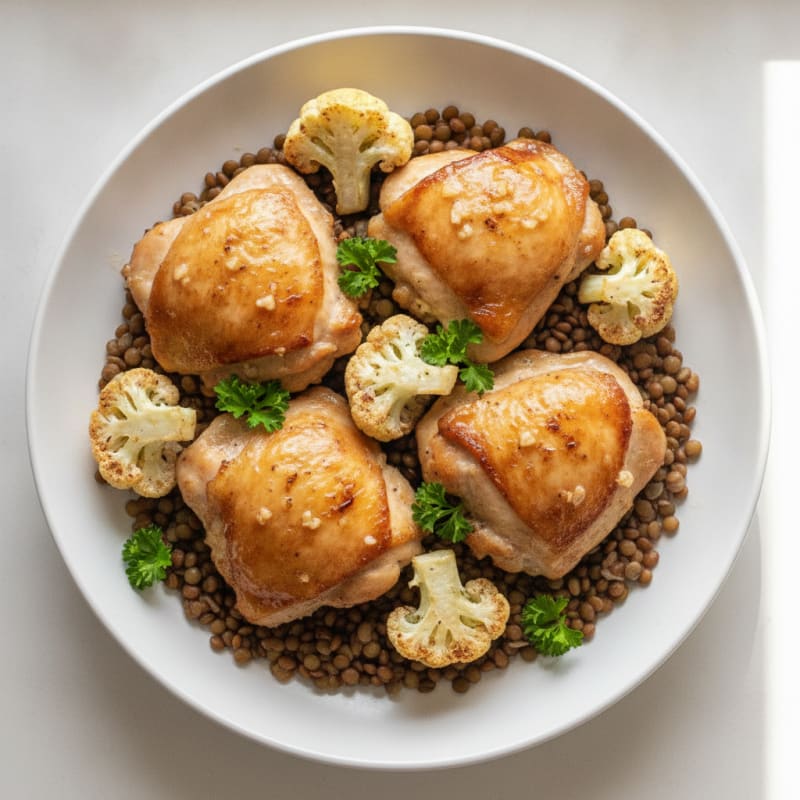 Oven-Baked Chicken Thighs with Roasted Cauliflower and Lentils
