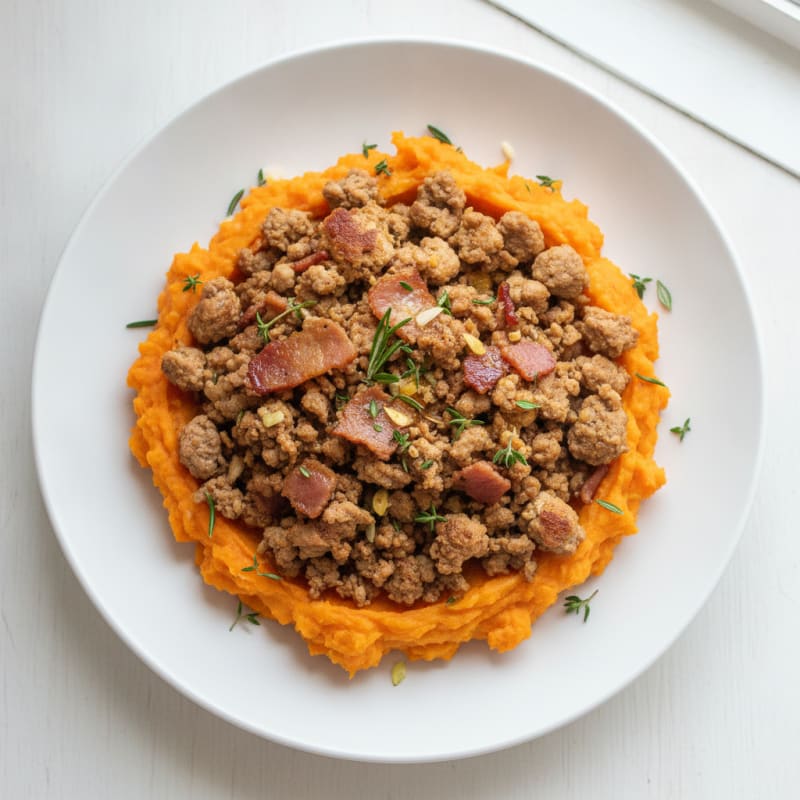 Herbed Ground Turkey Skillet with Sweet Potato Mash