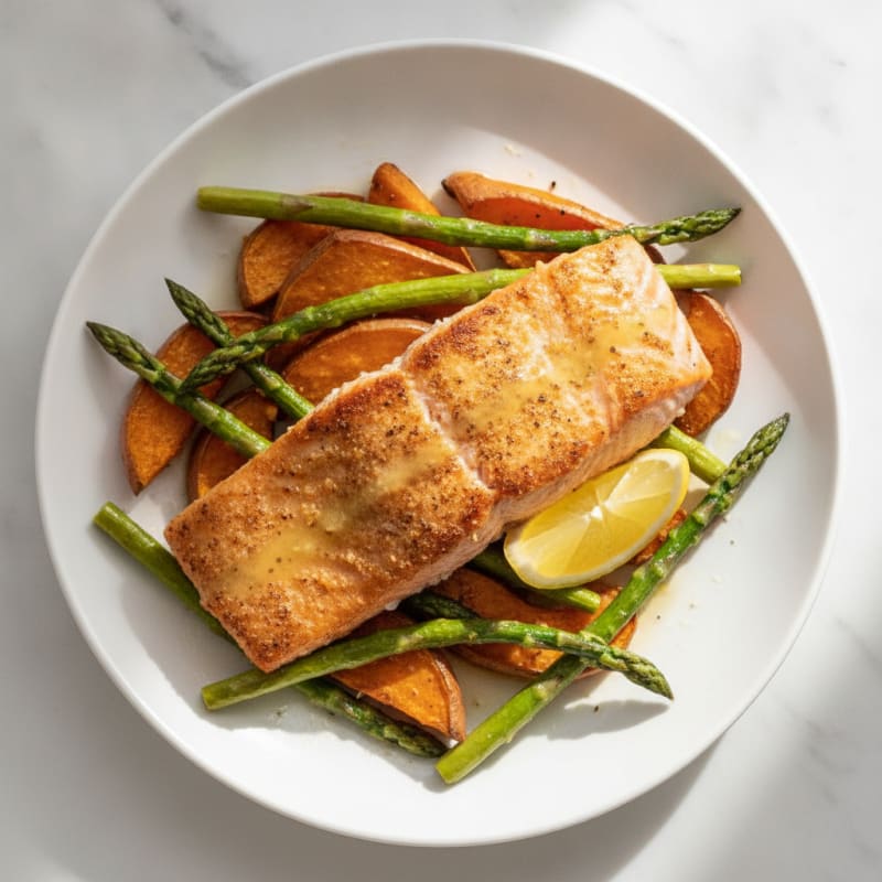 Seared Salmon Fillet with Roasted Sweet Potatoes and Asparagus