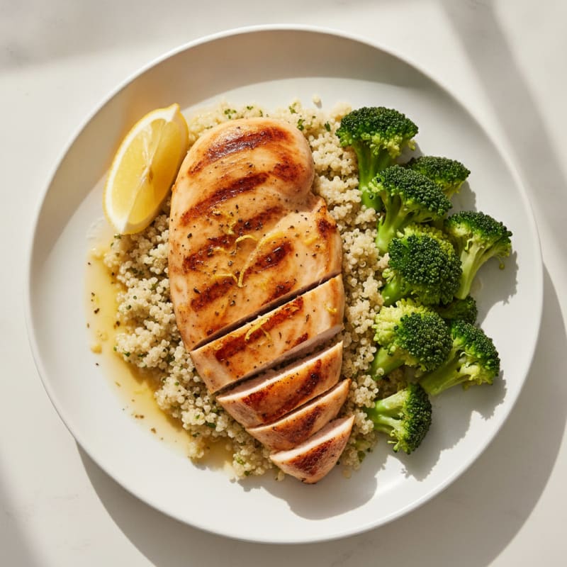 Grilled Chicken Breast with Quinoa and Steamed Broccoli