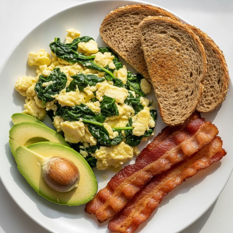 Crispy Turkey Bacon and Egg White Scramble with Sautéed Spinach