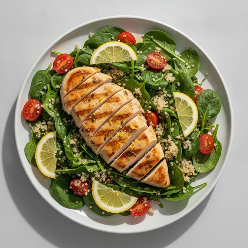 Grilled Chicken Breast with Fresh Spinach and Quinoa Salad