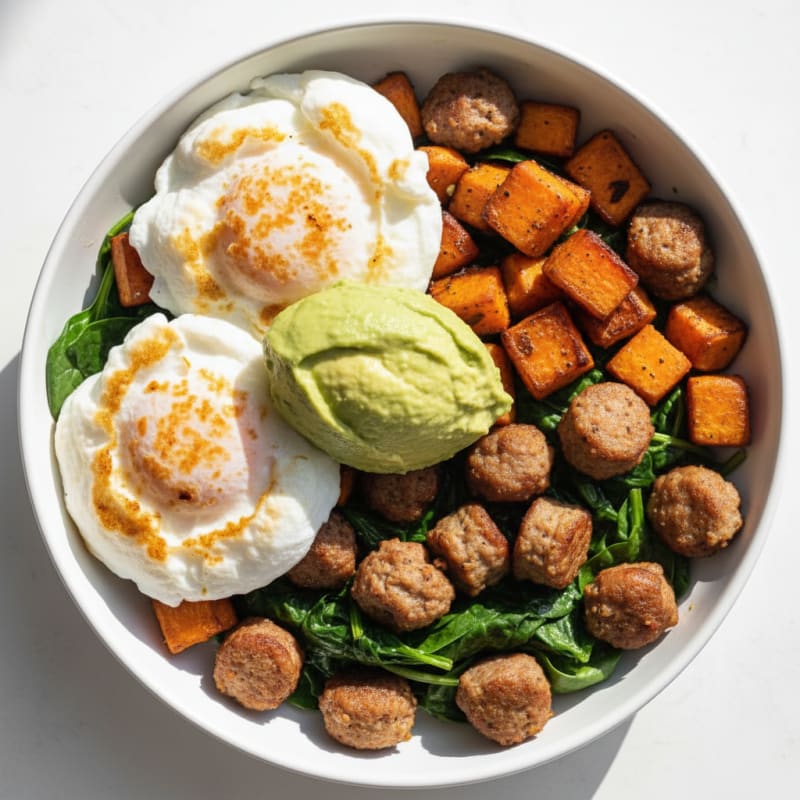 Crispy Egg White and Turkey Sausage Breakfast Bowl with Spinach