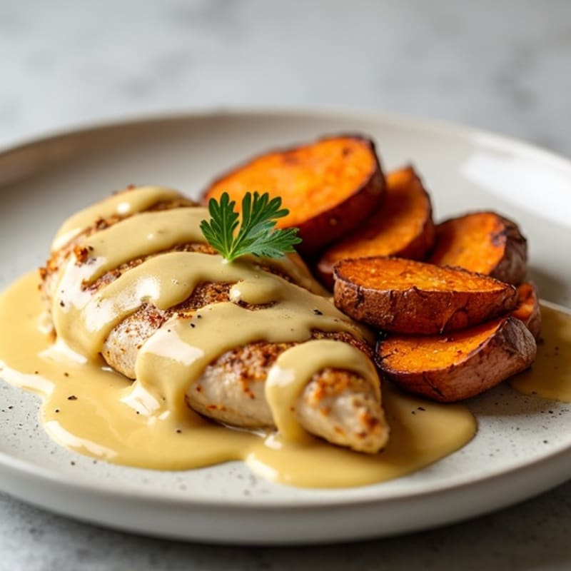 Pan-Seared Chicken with Creamy Coconut-Banana Sauce and Roasted Sweet Potato Wedges