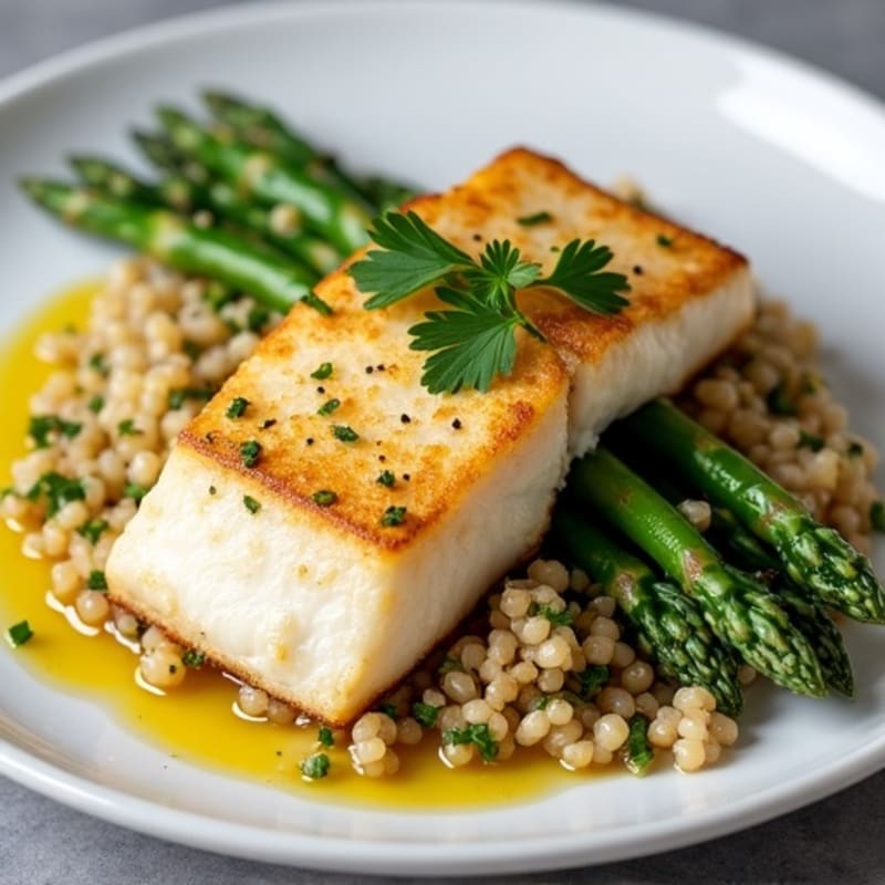 Seared Cod Fillet with Steamed Asparagus and Herb Quinoa