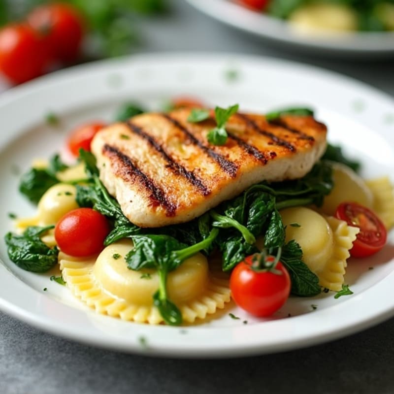 Spinach Ravioli with Sautéed Garlic Greens, Cherry Tomatoes & Grilled Chicken