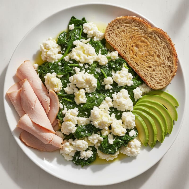 Egg White and Spinach Scramble with Cottage Cheese and Sliced Turkey