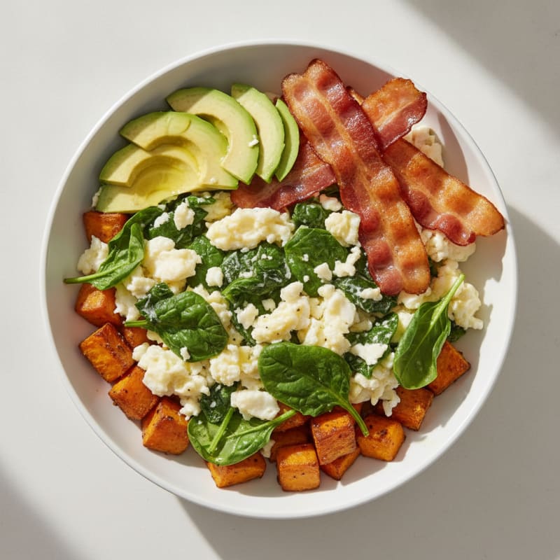 Crispy Turkey Bacon and Egg White Breakfast Bowl with Spinach