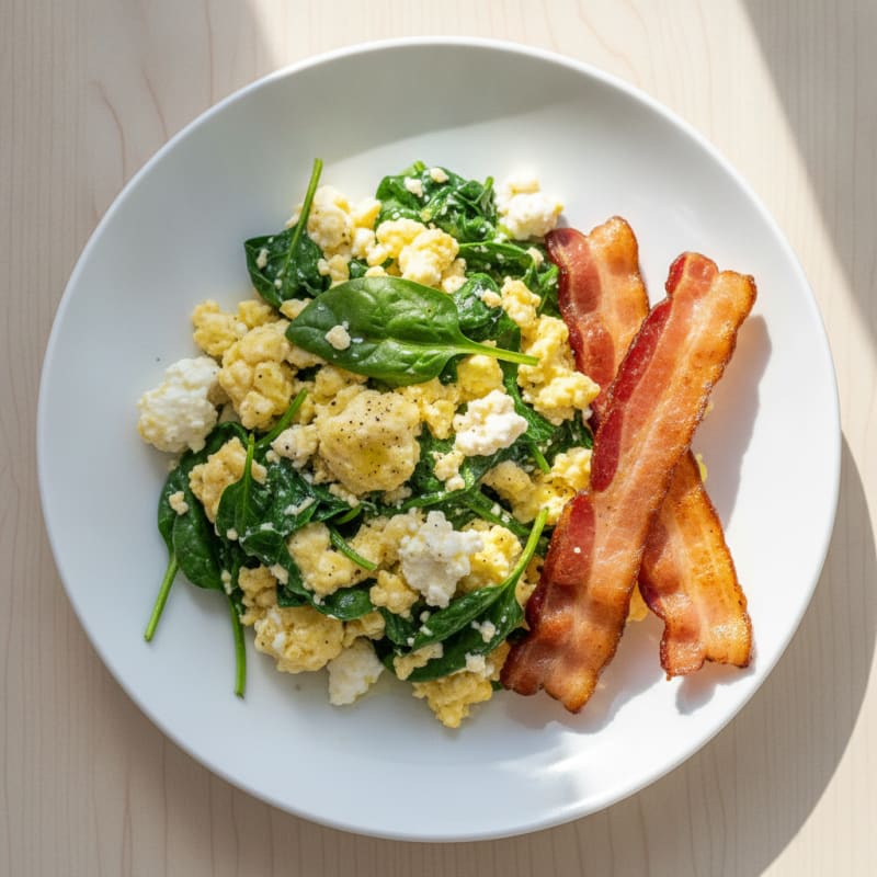 Cottage Cheese Scramble with Spinach and Turkey Bacon