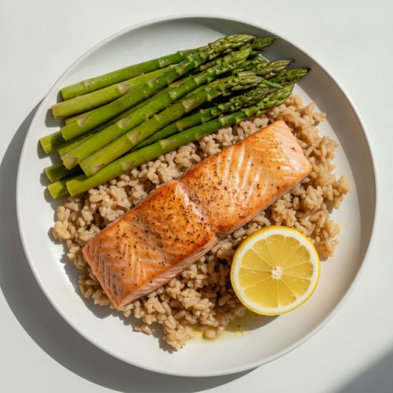 Seared Salmon with Steamed Asparagus and Brown Rice