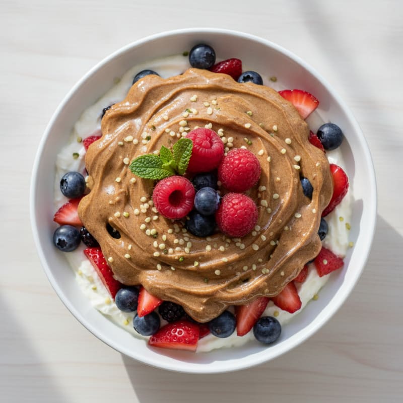 Greek Yogurt Protein Parfait with Mixed Berries and Almond Butter